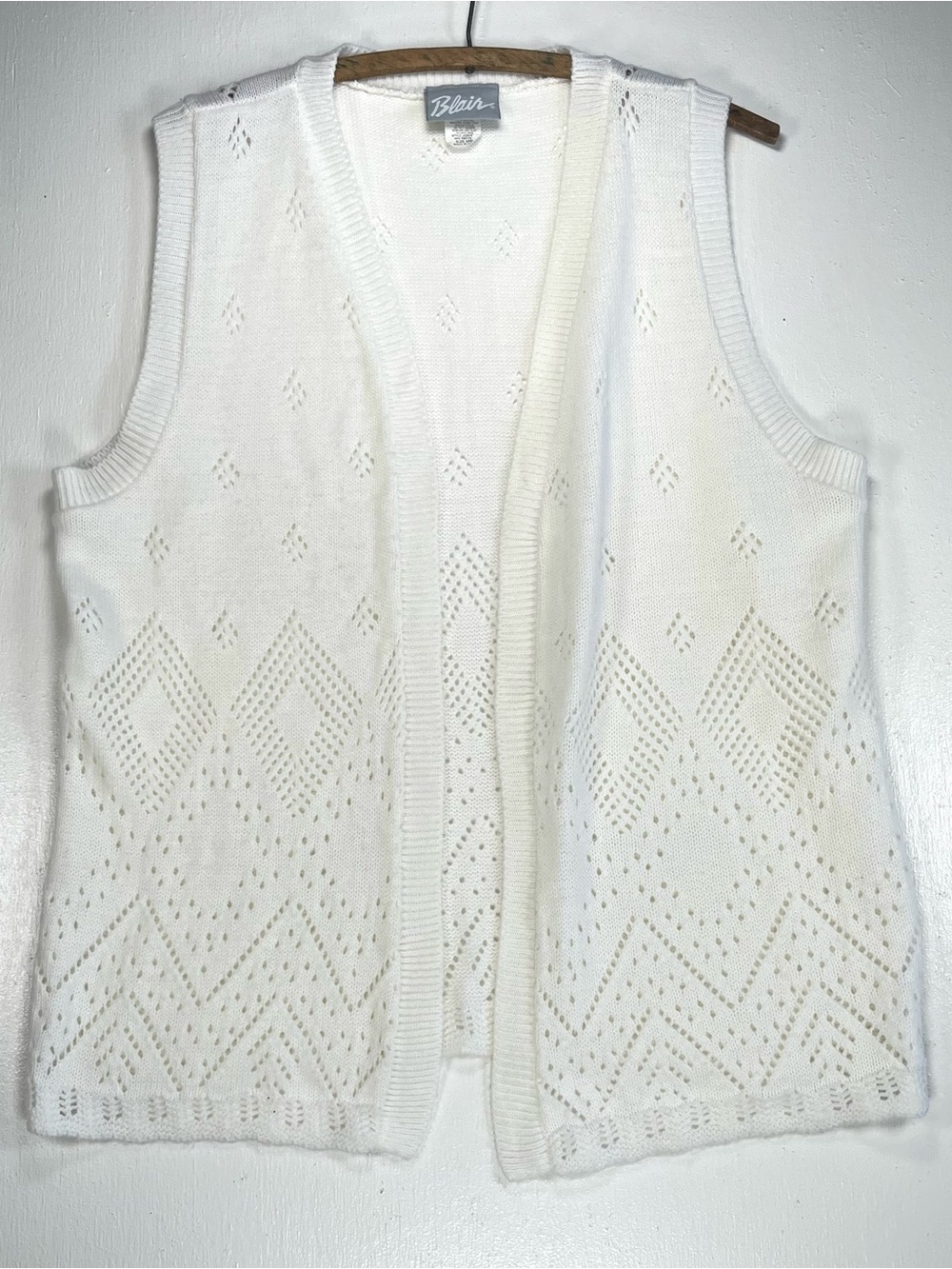 Blair Vintage White Pointelle Knit Open Front Sweater Vest Medium Crochet Boho